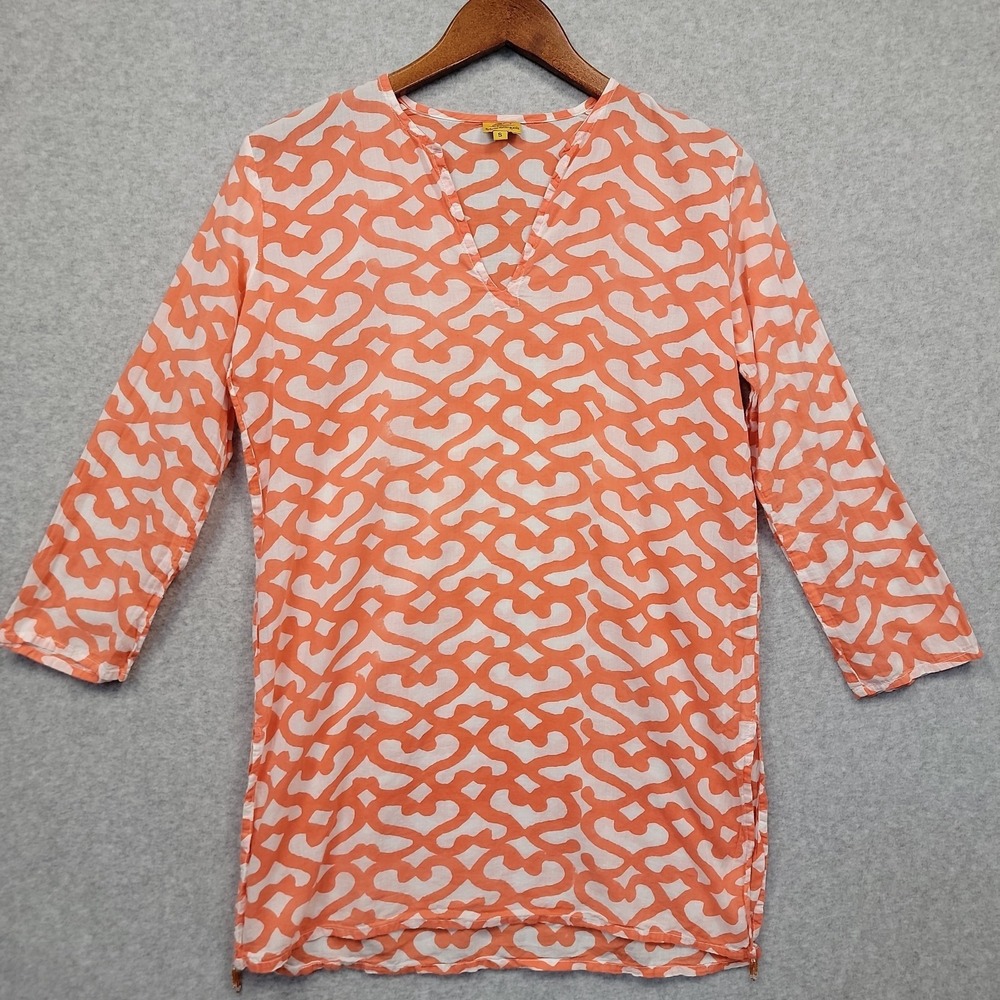Roberta Roller Rabbit Orange Geo Tunic Top V-Neck 3/4 Sleeve Sz‎ S Cotton Beach